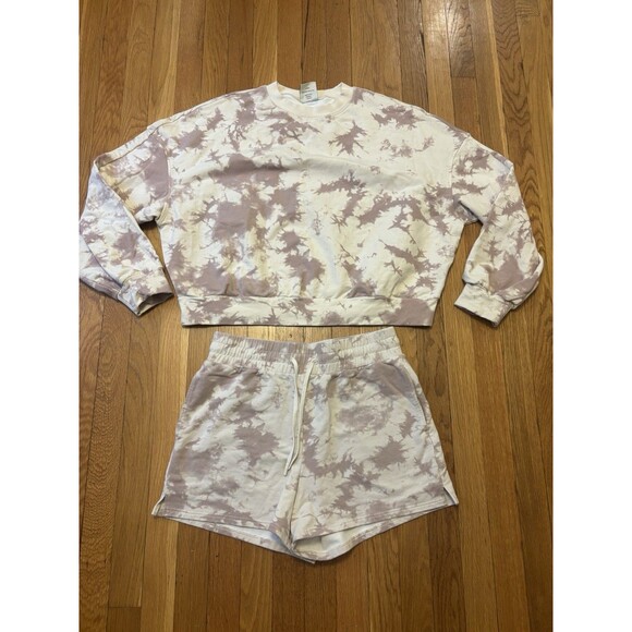 Varley Sweats Set Erwin Sweatshirt Glade Shorts Taupe Tie Dye Radial Pink Size L - Picture 1 of 11